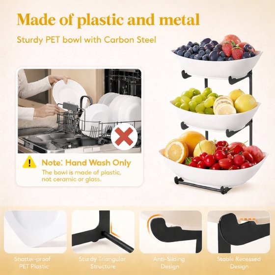 Norcho Plastic Fruit Bowl Basket for Kitchen Countertop, 3-Tier Fruit Holder with Black Metal Stand, Serving Tray for Fruits, Vegetables, Cakes, and Desserts for Parties
