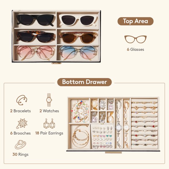 2-Layer Jewelry Box with 6 Slot Sunglasses Organizer, Storage for Bracelet Necklace Rings, Eyeglasses Display Case, Mother’s Day Gift Idea