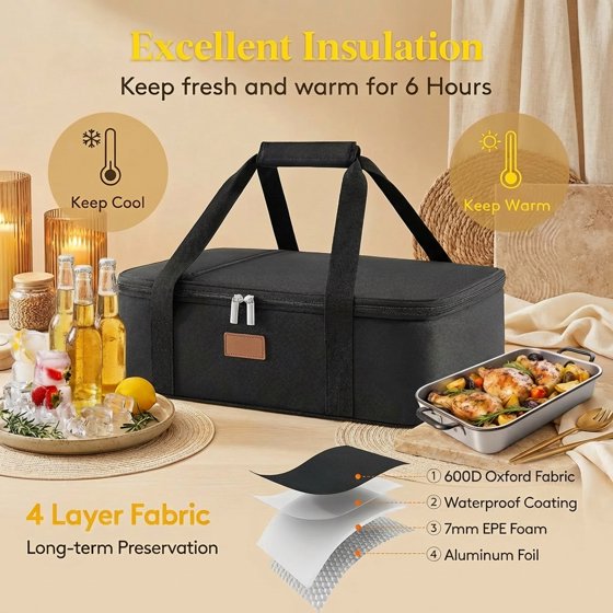 Norcho Insulated Single Decker Casserole Carrier, Lasagna Tote Bag for Hot or Cold Food, Fits 9" x 13" Baking Dish, Black