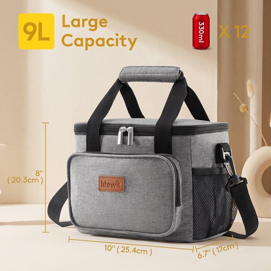Norcho Large Insulated Lunch Bag Cooler Tote for Adults, Soft Lunch Box for Men and Women, 12-Can (9L), Gray