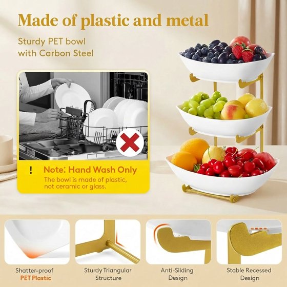 Norcho Plastic Fruit Bowl Basket for Kitchen Countertop, 3-Tier Fruit Holder with Glod Metal Stand, Serving Tray for Fruits, Vegetables, Cakes, and Desserts for Parties