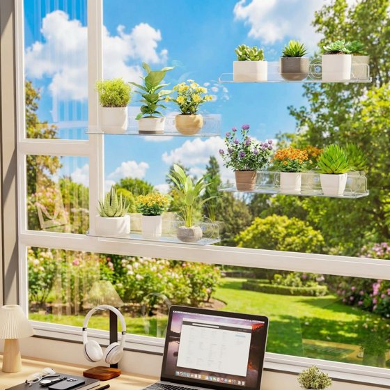 Norcho Window Plant Floating Shelves, 14.6 × 3.6 Inch 3-Pack Acrylic Suction Cup Shelf, Window Sill Extender for Indoor Succulents, Microgreens, Seed Starter Pots, and Herb Planters
