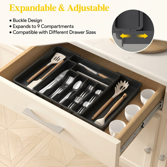 Norcho Expandable Utensil Organizer Drawer, Adjustable Cooking Silverware Tray, Plastic Spatula Tools Divider 13-22.4"x15" Black