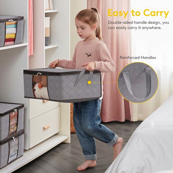 Norcho 6 Pack Clothes Storage Bag Foldable Bin with Reinforced Handle, Clear Window, Sturdy Fabric for Clothing Bedding, Light Gray