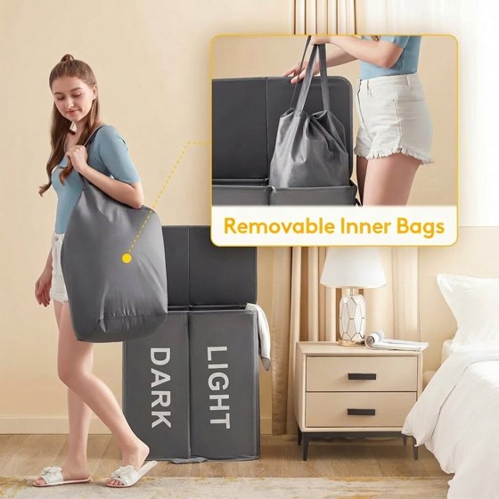 Norcho 136L Double Laundry Hamper with Lid, Large Divided Laundry Basket with Removable Bags, Collapsible 2-Section Hamper with Handles, Gray