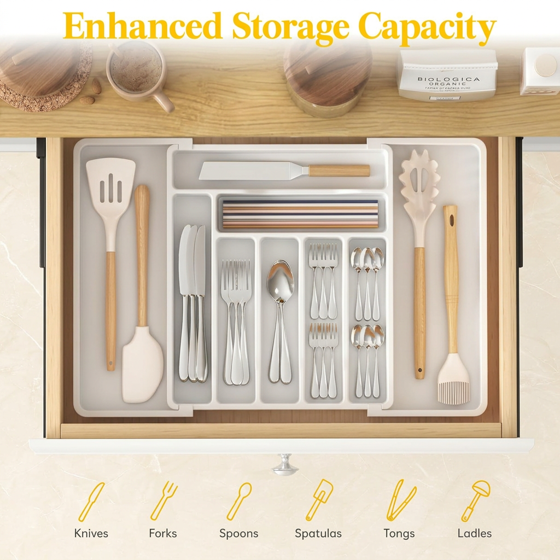 Norcho Expandable Utensil Organizer Drawer, Adjustable Cooking Silverware Tray, Plastic Spatula Tools Divider 13-22.4"x15" White