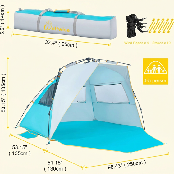 Norcho 4-5 Person Beach Tent UPF 50+ Portable Shade Canopy with Extended Porch, Ventilated Windproof, Blue