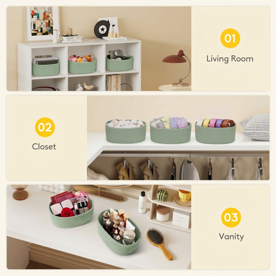 Norcho Woven Baskets, Cotton Rope Cube Storage Bins, Small Shelf Baskets, Round Caddy for Closet/Living/Bedroom/Playroom, Green, 6 Pack