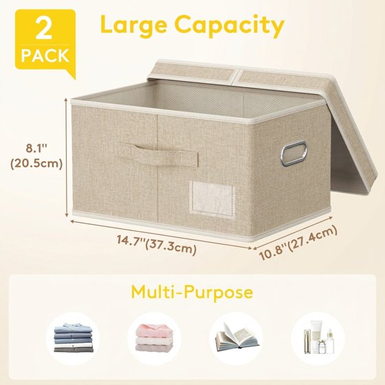 Norcho 34.5L Fabric Storage Bins with Lids Handles, Foldable Decorative Stackable Closet Organizer Beige, 2 Pack
