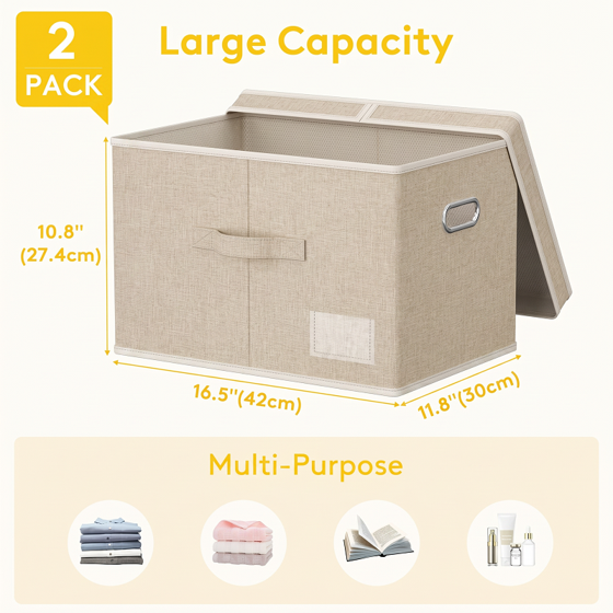 Norcho 34.5L Fabric Storage Bins with Lids Handles, Foldable Decorative Stackable Closet Organizer Beige, 2 Pack