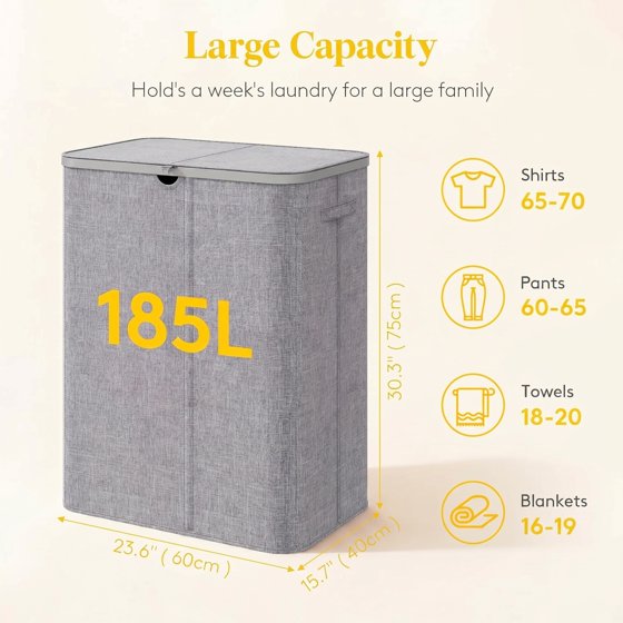 Norcho 185L 3-Section Laundry Hamper with Lid, Bamboo Handles Removable Bags Foldable Basket, Light Gray