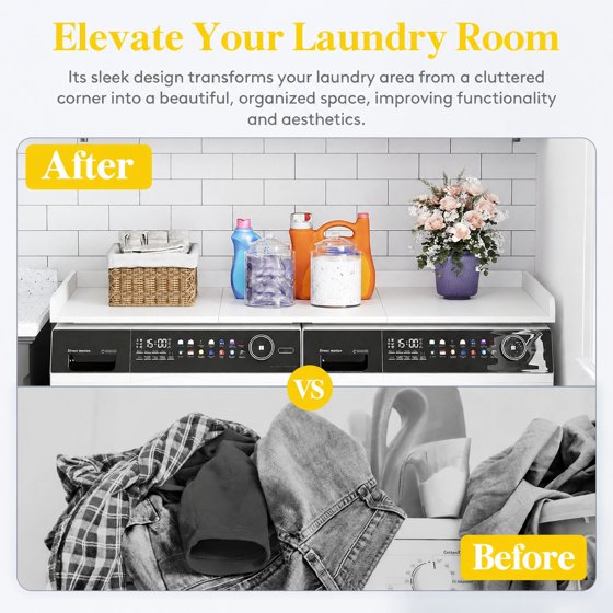Norcho Washer Dryer Countertop with Edge Rails, Melamine Laundry Room Organizer Shelf, Storage Surface for Washer and Dryer Top, Laundry Organization Countertop for Utility Room
