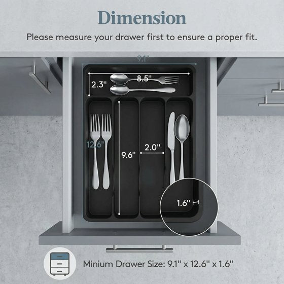 Norcho Silverware Drawer Organizer Tray, Plastic Cutlery and Utensil Holder Divider for Spoons, Forks, Knives and Tableware, 5 Slots, 9.1 x 12.6 Inch, Black