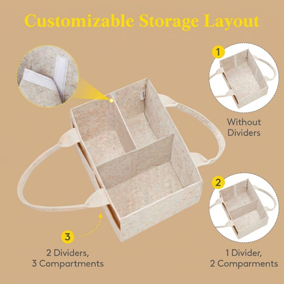 Norcho Felt Diaper Caddy with Handle, Portable Baby Storage Basket Detachable Divider Oatmeal 13x9.1x7.1"