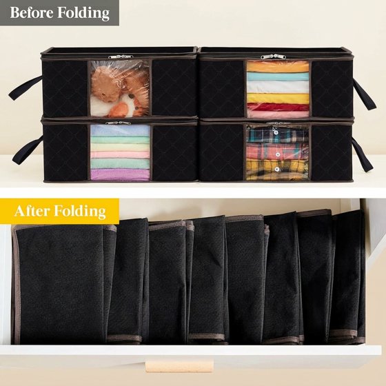 Norcho 6 Pack Clothes Storage Bag Foldable Bin with Reinforced Handle, Clear Window, Sturdy Fabric for Clothing Bedding, Black