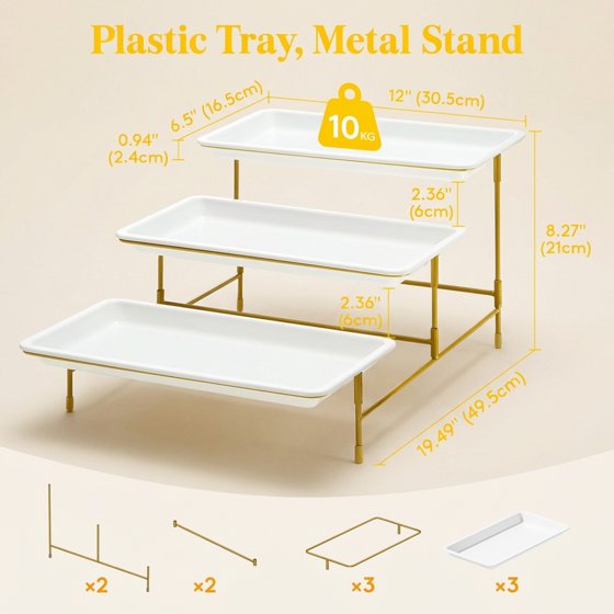 Norcho 3 Tier Serving Tray, White Plastic Tiered Food Serving Platters with Collapsible Gold Metal Stand, 12" x 6.5"