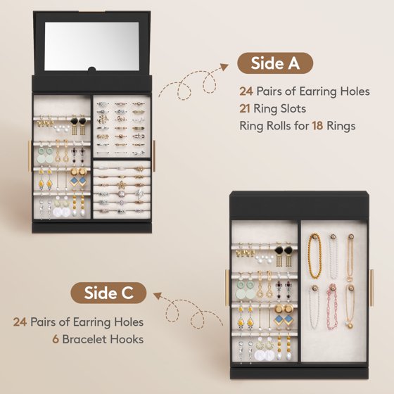 360° Rotating Jewelry Box with Mirror, Top Magnetic Storage Box Jewelry Organizer Case for Rings, Necklaces, Earrings, Bracelets, Mother’s Day Gift Idea, Black