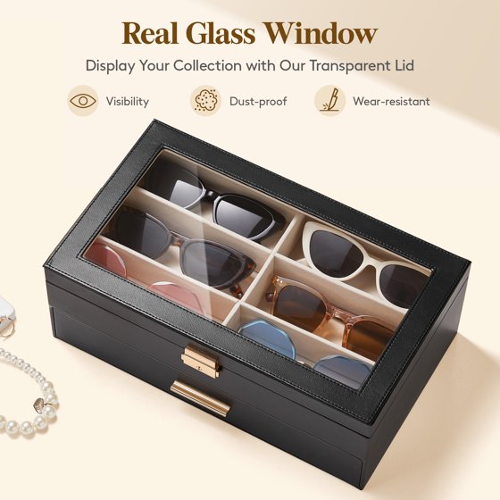 2-Layer Jewelry Box with 6 Slot Sunglasses Organizer, Storage for Bracelet Necklace Rings, Eyeglasses Display Case, Mother’s Day Gift Idea