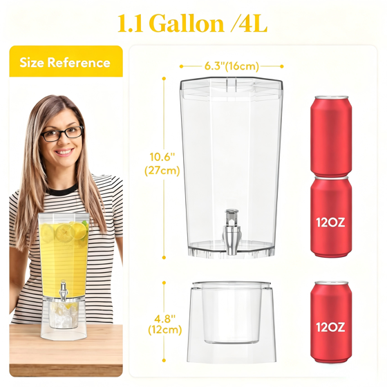 Norcho 1.1 Gallon Drink Dispenser with Stand, 4L Clear Beverage Dispenser with Spigot for Parties, Plastic Juice Container for Tea, Soda, Lemonade, Water & Mimosa Bar