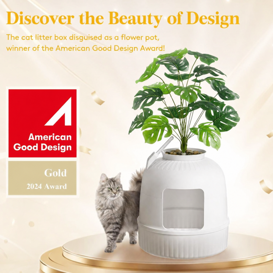 Cat Litter Box with Lid, Corner Cat Litter Box Enclosure, Hidden Cat Litter Box Plant, White