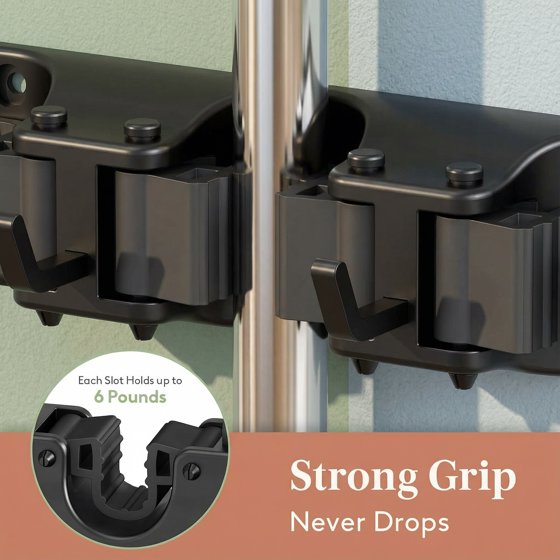 Norcho Wall Mount Mop Broom Holder, Anti-Slip Hanger 5 Slots 6 Hooks Holds 30lbs, Garage Closet Kitchen, Black 1 Pack