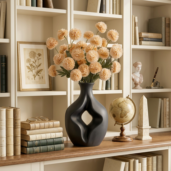 Norcho 5 Pcs Beige Artificial Silk Mums Ball Flowers Long Stems, Fake Chrysanthemums Pom Pom for Vase Home Wedding Decor