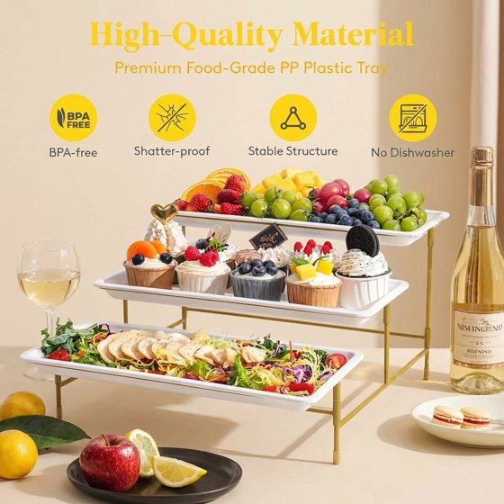Norcho 3 Tier Serving Tray, White Plastic Tiered Food Serving Platters with Collapsible Gold Metal Stand, 14" x 6.5"