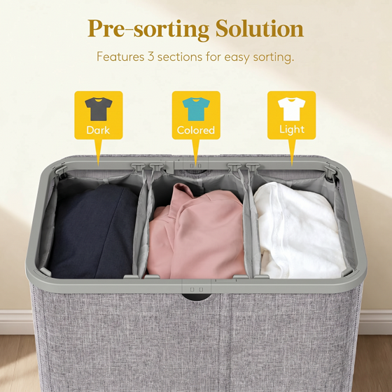 Norcho 185L 3-Section Laundry Hamper with Lid, Bamboo Handles Removable Bags Foldable Basket, Light Gray