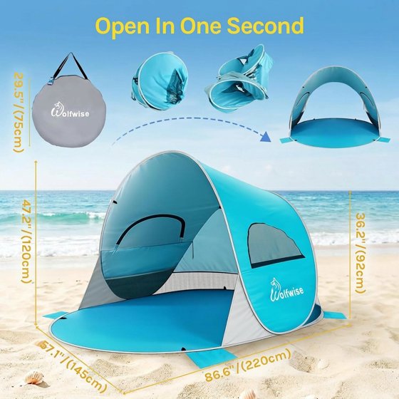 Norcho 87x57x47" Pop Up Beach Tent UPF50+ Sun Shelter, Instant Shade Canopy for 3 Person, Blue