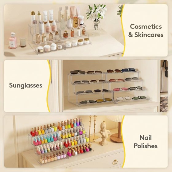 Norcho 4-Tier Clear Display Riser Stand with Decorative Secure Fences, Tool-Free Assembly, 12-Inch Plastic Perfume Organizer for Figures, Cupcakes, Desserts, 2-Pack