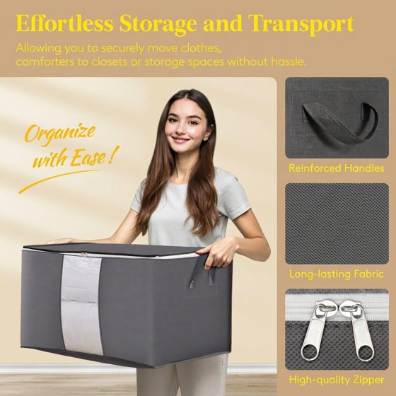 Norcho 5 Pack Collapsible Clothes Storage Bags with Lids Zips Clear Window, Gray 21.9x14x12.6"