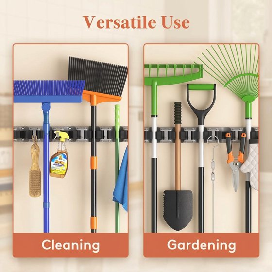 Norcho Wall Mount Mop Broom Holder, Anti-Slip Hanger 5 Slots 6 Hooks Holds 30lbs, Garage Closet Kitchen, Gray 1 Pack
