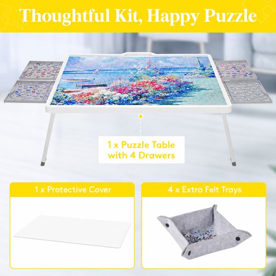 Norcho 1500 Pieces 2-in-1 Rotating & Tilting Puzzle Board with Divided Drawers, Felt Mat, Protective Cover, Portable Jigsaw Puzzle Table with Handle, 4 Extra Felt Trays, 35" x 27", White