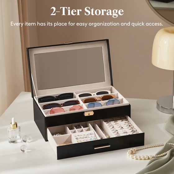 2-Layer Jewelry Box with 6 Slot Sunglasses Organizer, Storage for Bracelet Necklace Rings, Eyeglasses Display Case, Mother’s Day Gift Idea