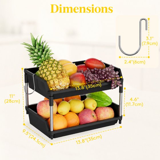 Norcho 2 Tier Fruit Basket for Kitchen Counter with Banana Hanger, Fruit Bowl and Vegetable Storage Stand Organizer for Bread, Snacks and Produce