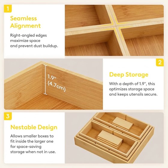 Norcho Adjustable Bamboo Drawer Organizers with 12 Inserts, Stackable Storage Boxes, 10-Pack for Kitchen, Bathroom, Office, Vanity
