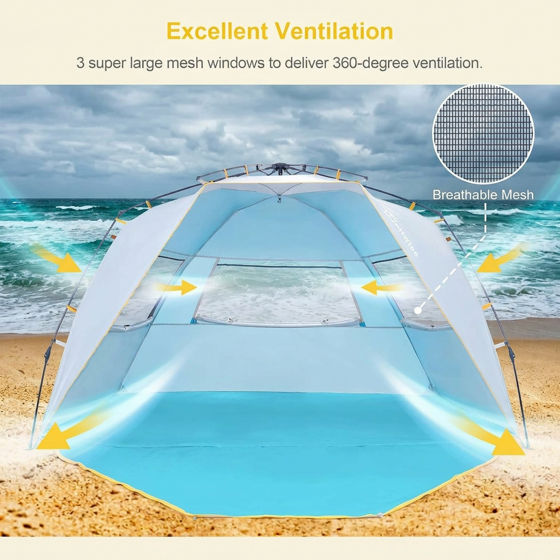 Norcho 4-5 Person Beach Tent UPF 50+ Portable Shade Canopy with Extended Porch, Ventilated Windproof, Blue