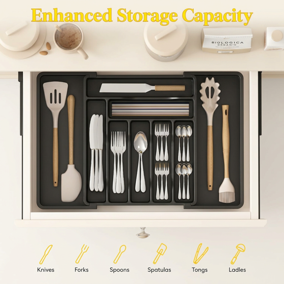 Norcho Expandable Utensil Organizer Drawer, Adjustable Cooking Silverware Tray, Plastic Spatula Tools Divider 13-22.4"x15" Black