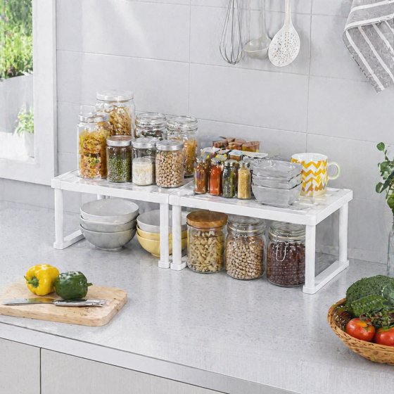 Norcho Cabinet Shelf Organiser, Expandable Countertop Kitchen Shelves, Plastic Shelf Riser for Pantry Kitchen Storage and Spice Rack, Set of 2, 16 x 8 x 7 inch (40 x 21 x 18 cm)