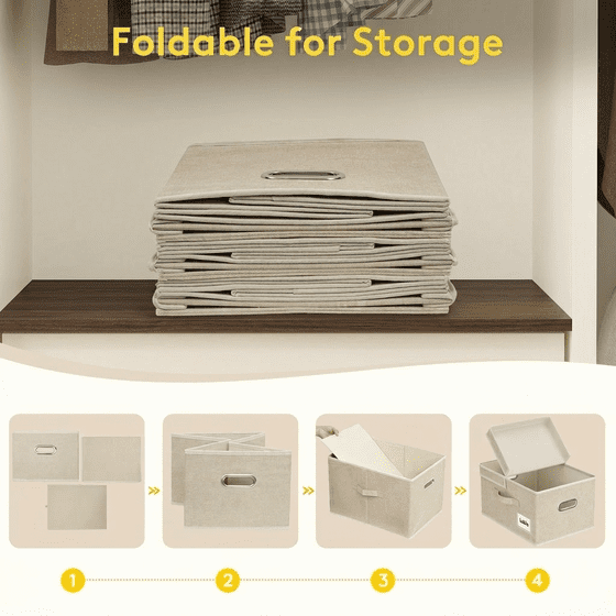 Norcho 21L Fabric Storage Bins with Lids Handles, Foldable Decorative Stackable Closet Organizer Beige, 3 Pack