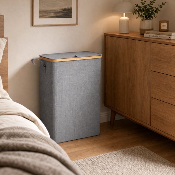 Norcho 50L Slim Laundry Hamper with Lid, Narrow Basket, Removable Bag & Bamboo Handles, Foldable Bin for Bathroom/Bedroom/Dorm, Light Gray