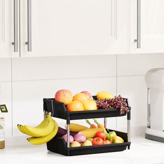 Norcho 2 Tier Fruit Basket for Kitchen Counter with Banana Hanger, Fruit Bowl and Vegetable Storage Stand Organizer for Bread, Snacks and Produce