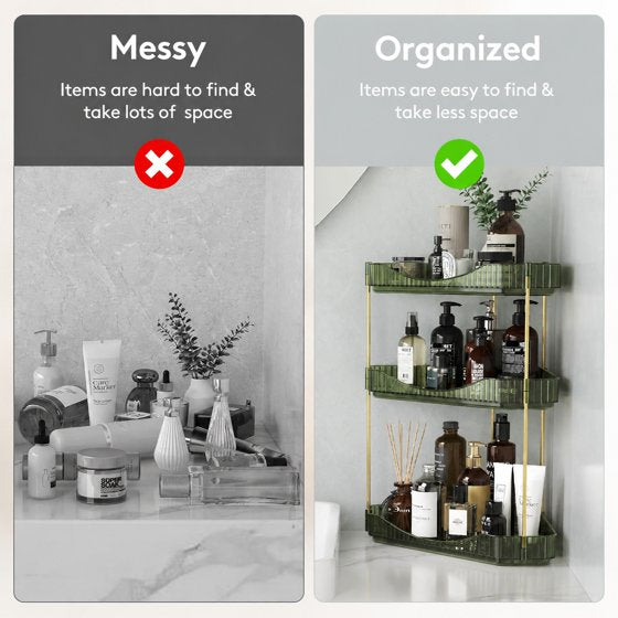 Norcho 3-Tier Corner Bathroom Counter Organizer, Plastic Makeup & Skincare Storage Shelf, Large Countertop Cosmetic & Perfume Organizer for Bathroom, Bedroom, Kitchen & Vanity, Green