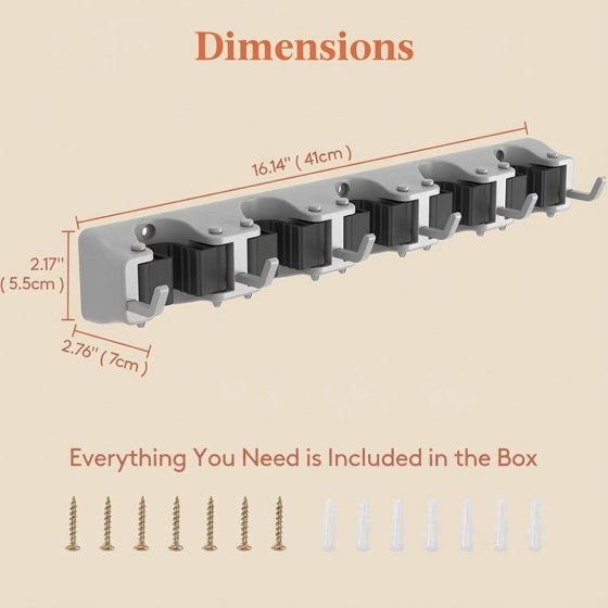 Norcho Wall Mount Mop Broom Holder, Anti-Slip Hanger 5 Slots 6 Hooks Holds 30lbs, Garage Closet Kitchen, Gray 1 Pack