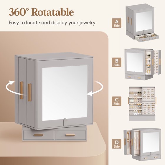 Jewelry Box 360° Rotating with Adjustable Angle Mirror, Large Jewelry Storage Case, Open Design Jewelry Organizer for Rings, Necklaces, Earrings, Bracelets, Mother’s Day Gift Idea