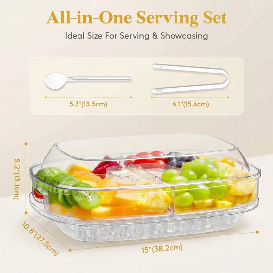 Norcho Chilled Serving Tray for Parties, 15-Inch Divided Shrimp Cocktail Serving Dish with Lid, Plastic Taco and Ice Serving Platter for Veggies, Fruit, Salad, and Buffet Use