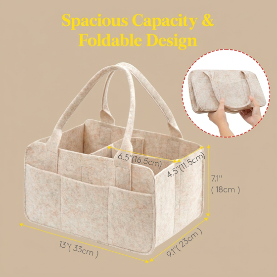 Norcho Felt Diaper Caddy with Handle, Portable Baby Storage Basket Detachable Divider Oatmeal 13x9.1x7.1"