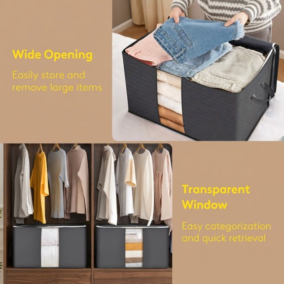 Norcho 5 Pack Collapsible Clothes Storage Bags with Lids Zips Clear Window, Gray 21.9x14x12.6"
