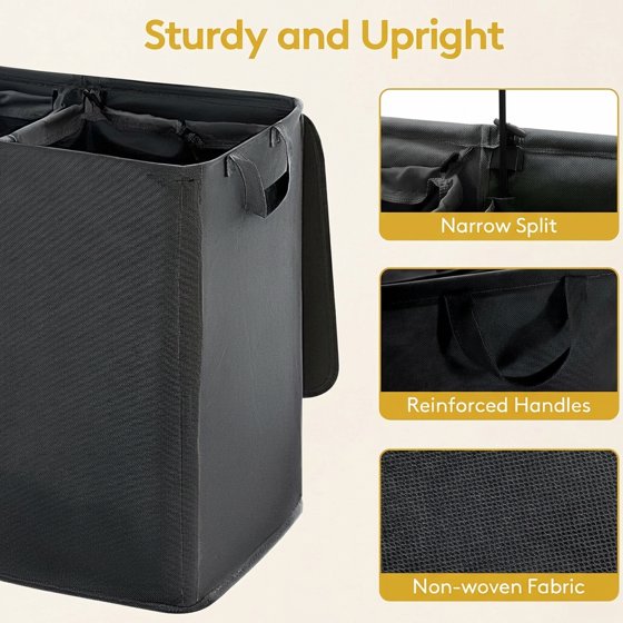 Norcho Double Laundry Hamper with Lid, Divided Laundry Basket with Removable Bags and Handles, Large Separated Clothes Basket, Black