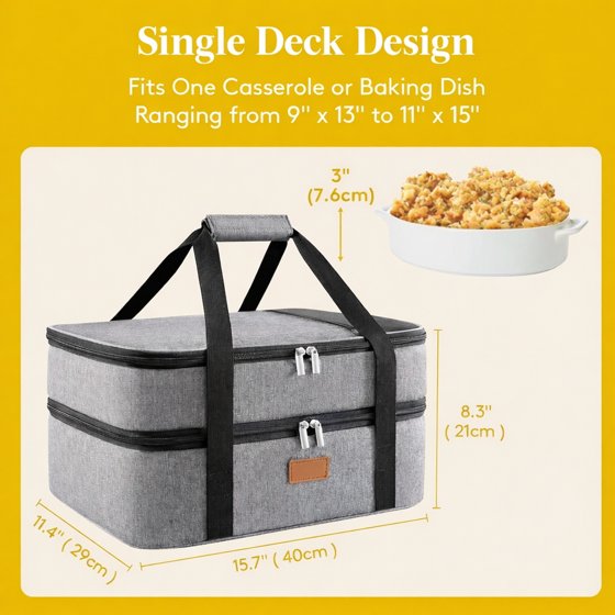 Norcho Insulated Double Decker Casserole Carrier, Lasagna Tote Bag for Hot or Cold Food, Fits 9" x 13" Baking Dish, Gray